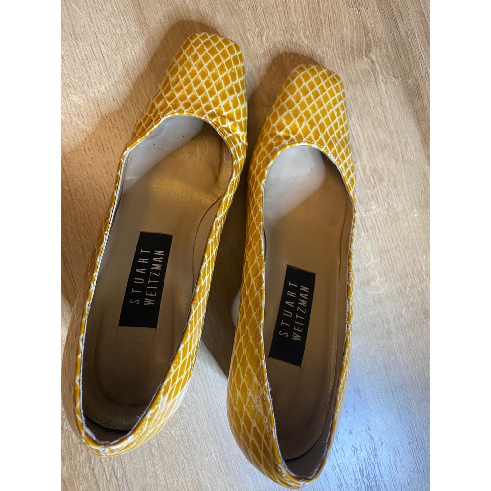 Vntg Stuart Weitzman Yellow Snakeskin Embossed Square Toe Block Heel Pumps 7.5B